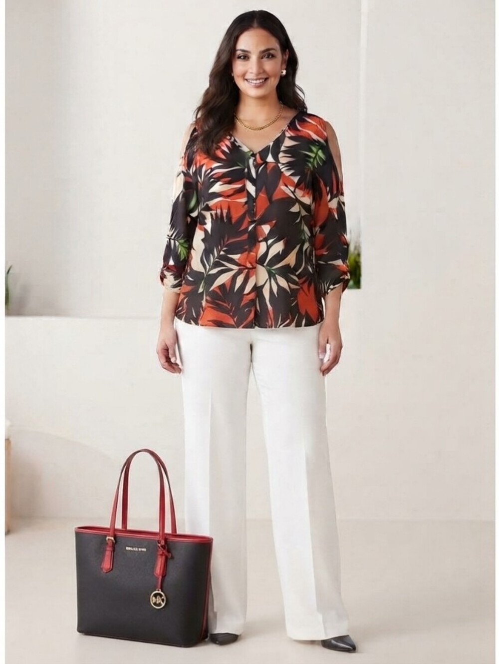Worthington Tropical Leaf Print Cold Shoulder Blouse Size Large